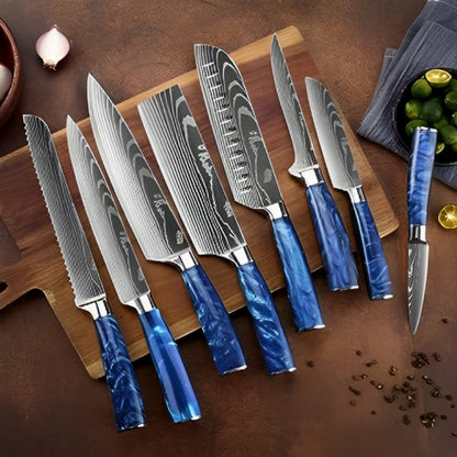 8PC Hand Crafted Japanese Knife Set Blue